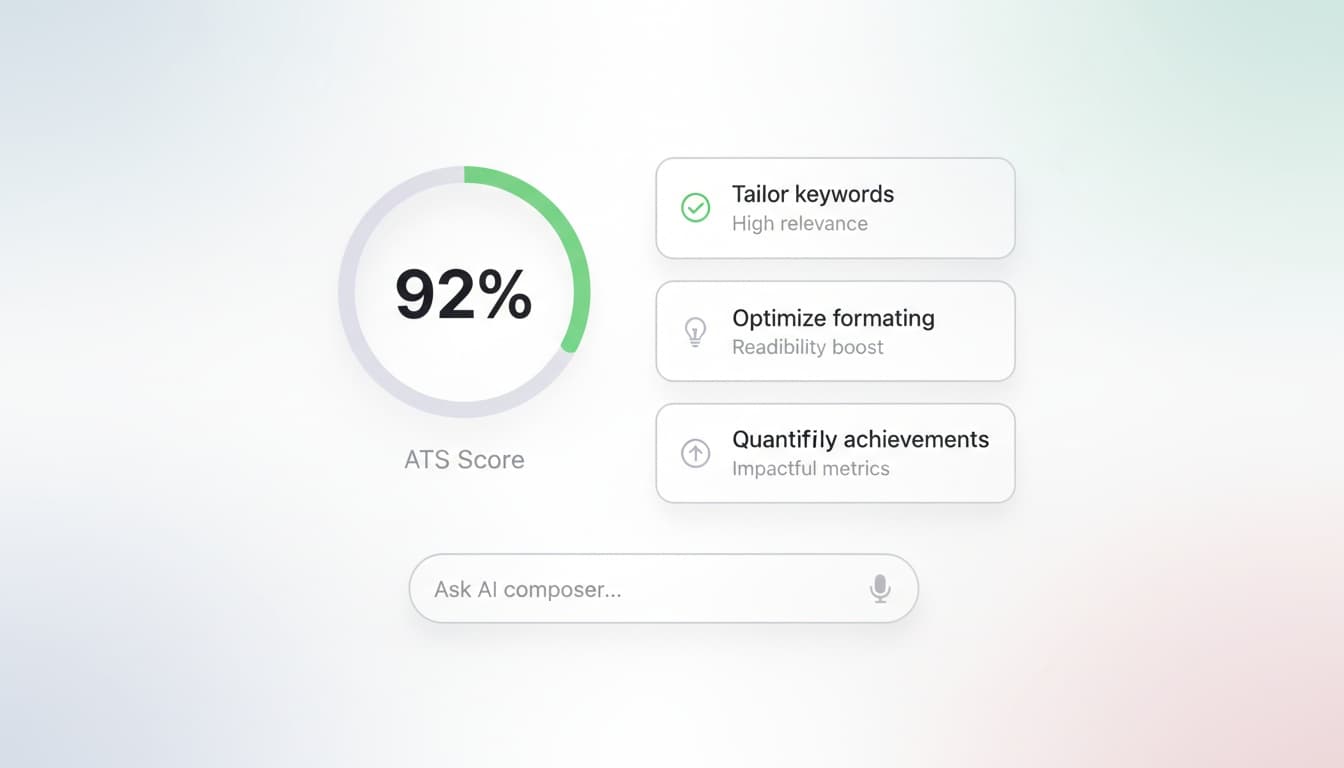 ATS score dashboard showing 92% score with keyword and formatting suggestions