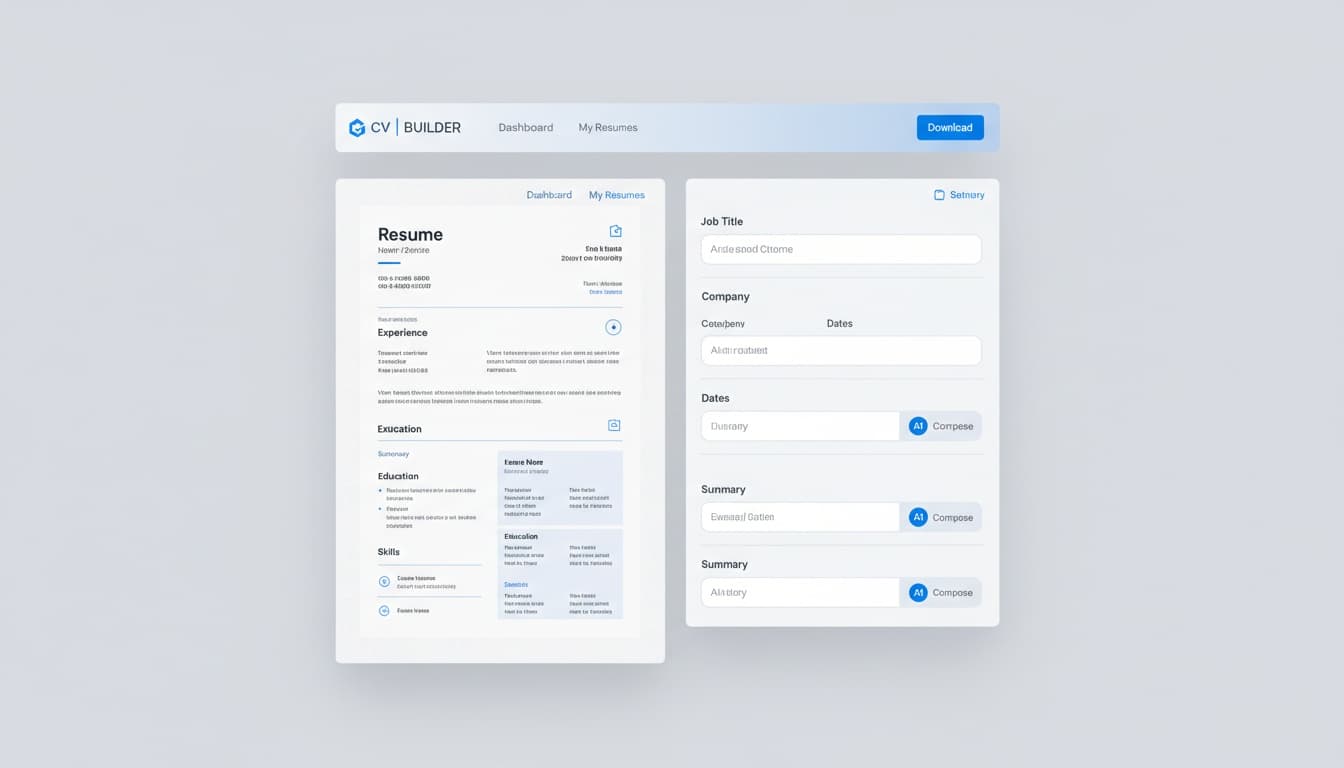 CV builder UI with resume preview and AI compose fields
